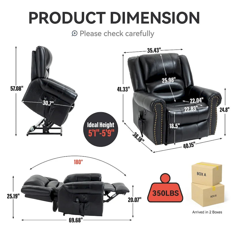 Fauteuil inclinable releveur électrique avec massage, chaleur lombaire et port USB