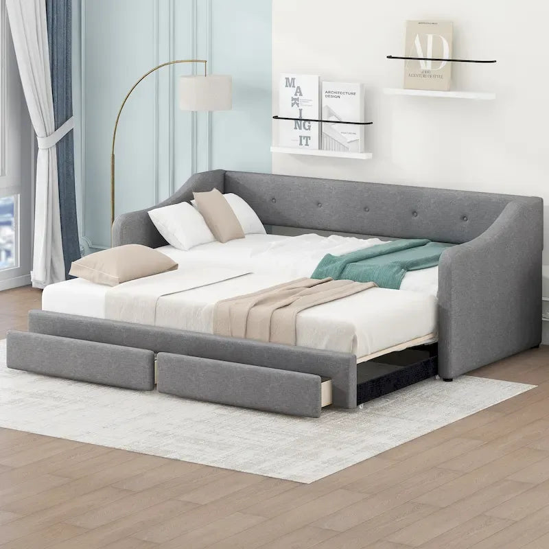 Lit de repos convertible double XL en grand format avec tiroirs de rangement et revêtement capitonné