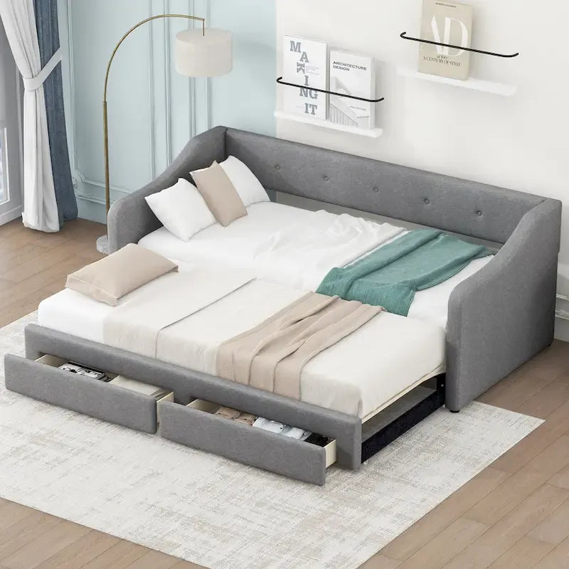 Lit de repos convertible double XL en grand format avec tiroirs de rangement et revêtement capitonné