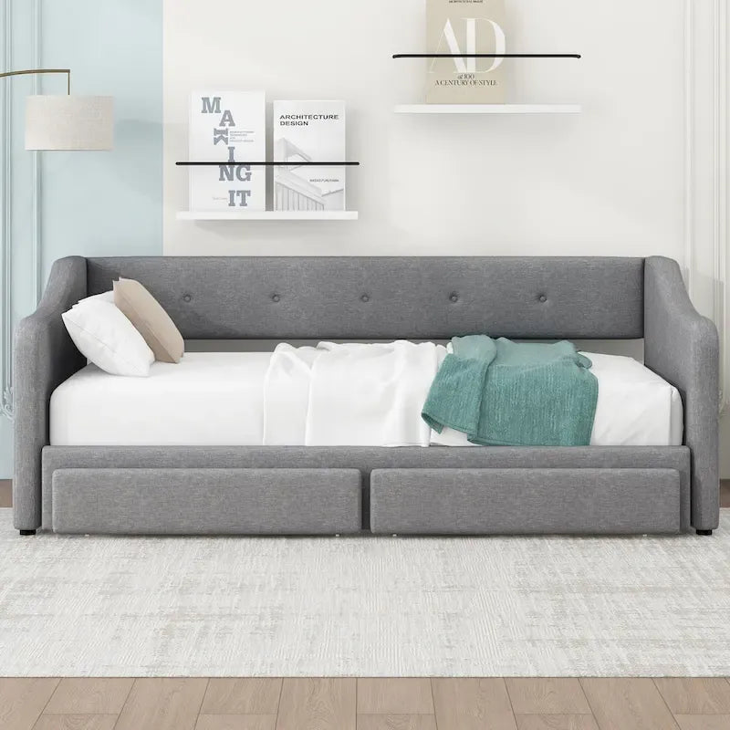 Lit de repos convertible double XL en grand format avec tiroirs de rangement et revêtement capitonné