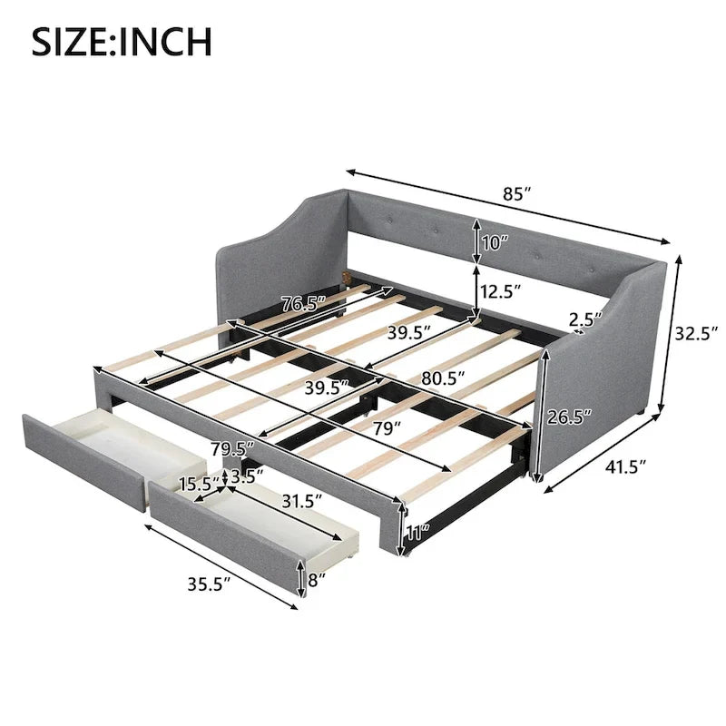 Lit de repos convertible double XL en grand format avec tiroirs de rangement et revêtement capitonné