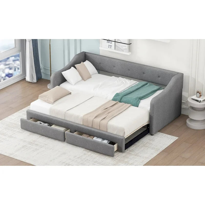 Lit de repos convertible double XL en grand format avec tiroirs de rangement et revêtement capitonné