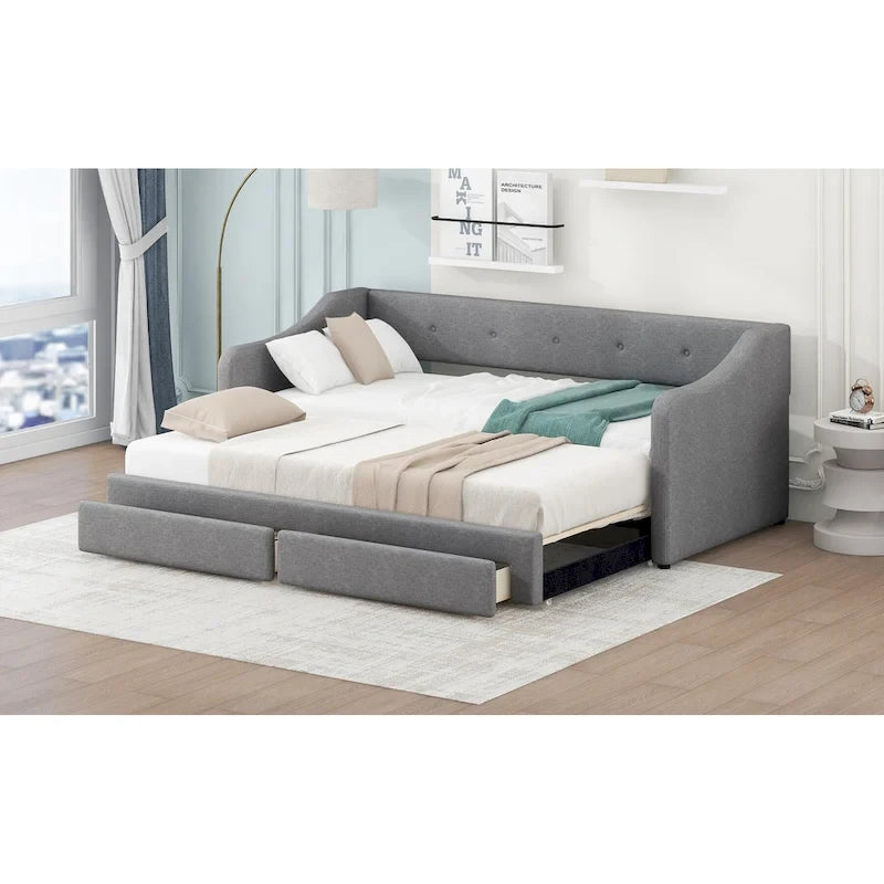 Lit de repos convertible double XL en grand format avec tiroirs de rangement et revêtement capitonné