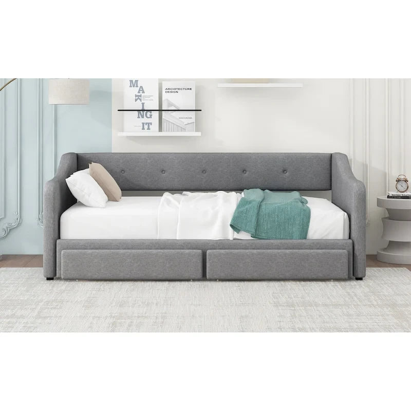 Lit de repos convertible double XL en grand format avec tiroirs de rangement et revêtement capitonné