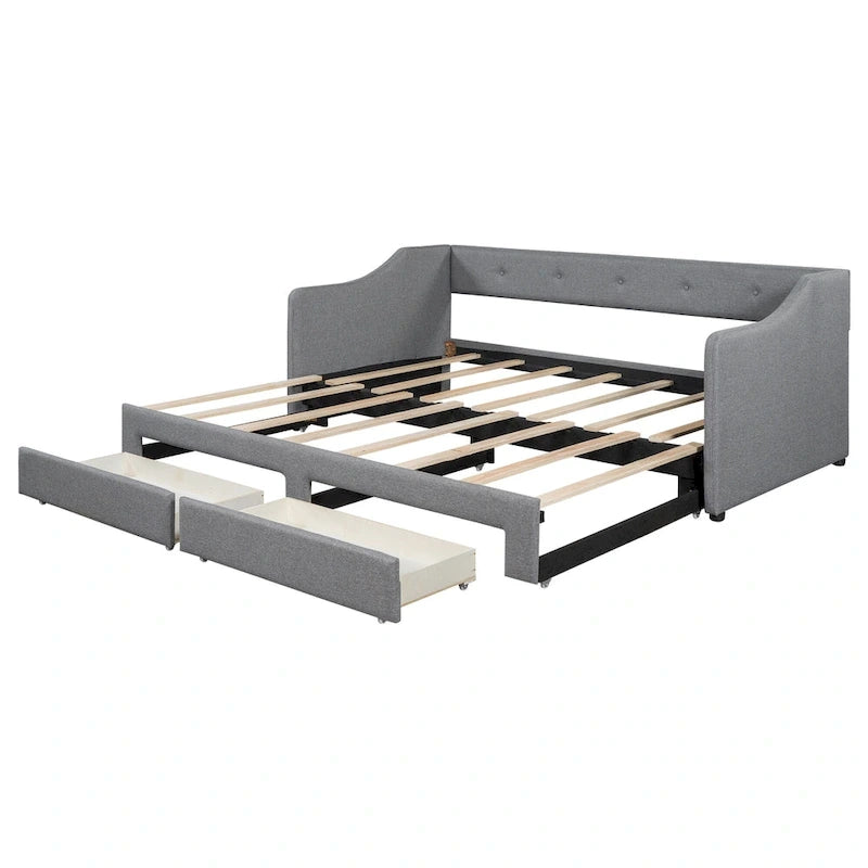 Lit de repos convertible double XL en grand format avec tiroirs de rangement et revêtement capitonné