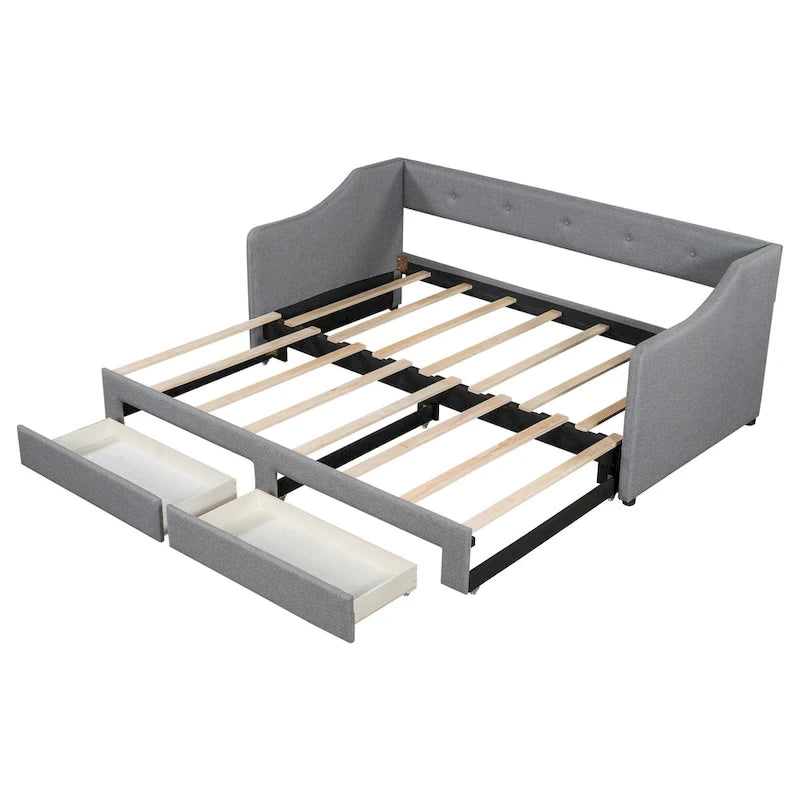 Lit de repos convertible double XL en grand format avec tiroirs de rangement et revêtement capitonné