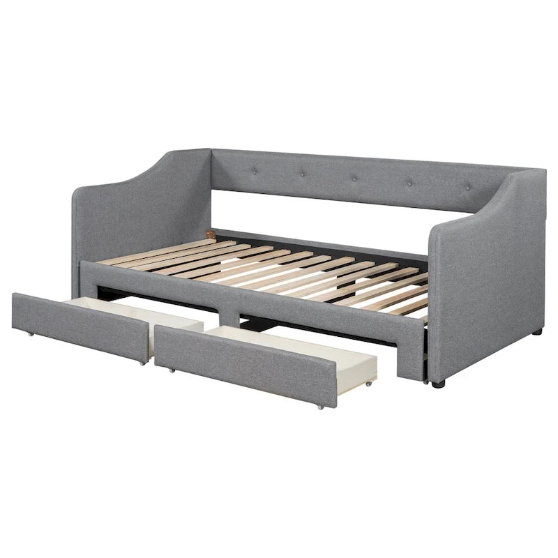 Lit de repos convertible double XL en grand format avec tiroirs de rangement et revêtement capitonné