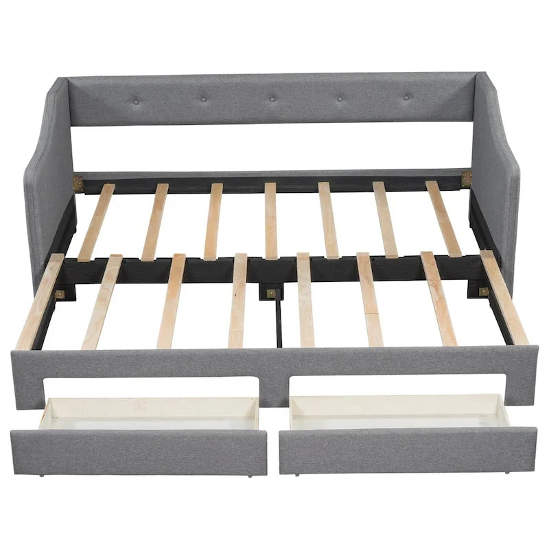 Lit de repos convertible double XL en grand format avec tiroirs de rangement et revêtement capitonné