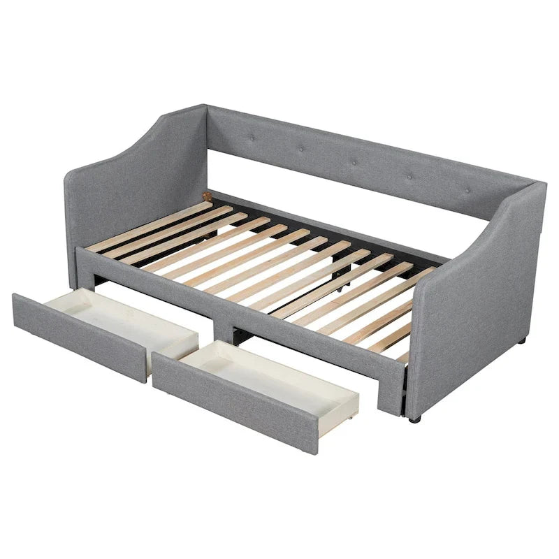 Lit de repos convertible double XL en grand format avec tiroirs de rangement et revêtement capitonné