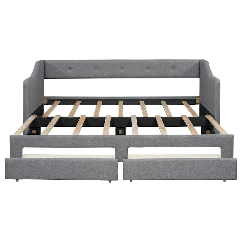 Lit de repos convertible double XL en grand format avec tiroirs de rangement et revêtement capitonné
