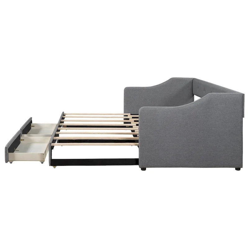 Lit de repos convertible double XL en grand format avec tiroirs de rangement et revêtement capitonné