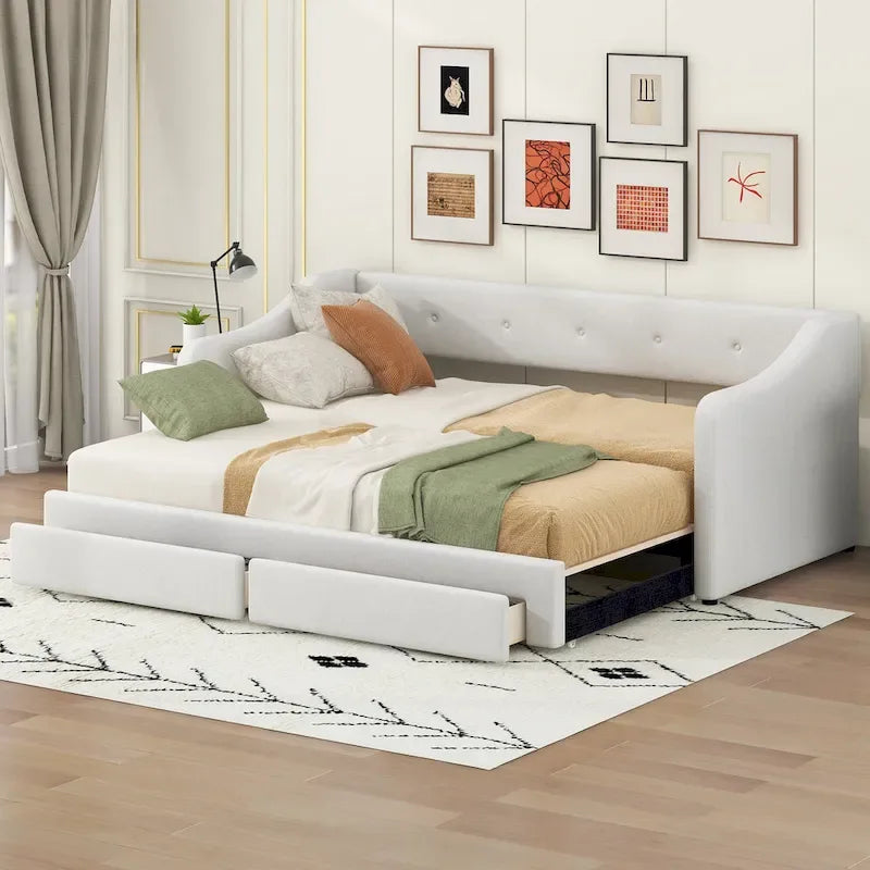 Lit de repos convertible double XL en grand format avec tiroirs de rangement et revêtement capitonné