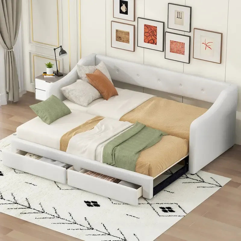 Lit de repos convertible double XL en grand format avec tiroirs de rangement et revêtement capitonné