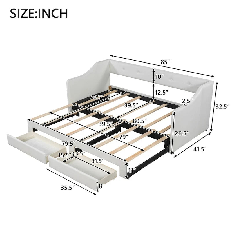 Lit de repos convertible double XL en grand format avec tiroirs de rangement et revêtement capitonné