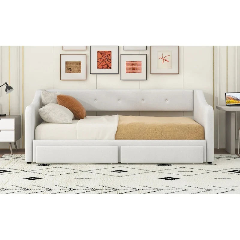 Lit de repos convertible double XL en grand format avec tiroirs de rangement et revêtement capitonné