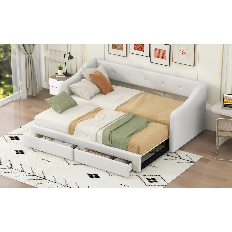 Lit de repos convertible double XL en grand format avec tiroirs de rangement et revêtement capitonné