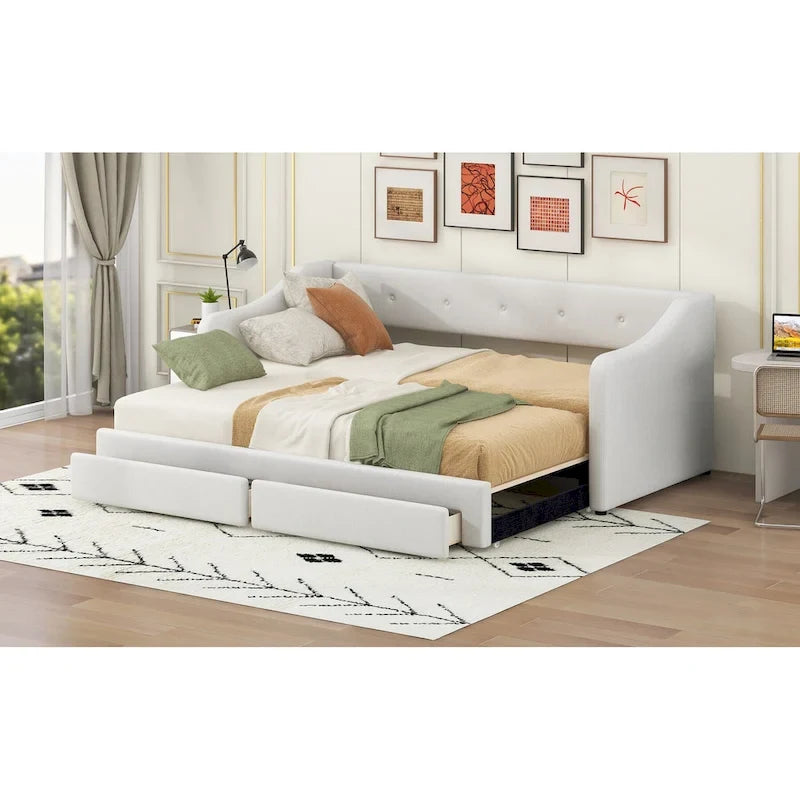 Lit de repos convertible double XL en grand format avec tiroirs de rangement et revêtement capitonné