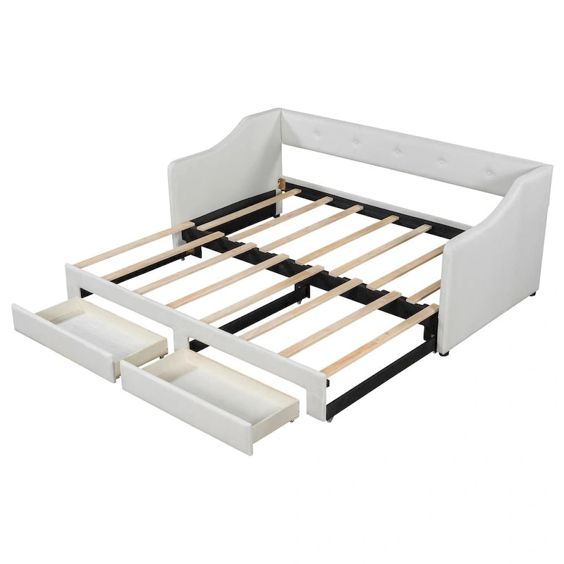 Lit de repos convertible double XL en grand format avec tiroirs de rangement et revêtement capitonné