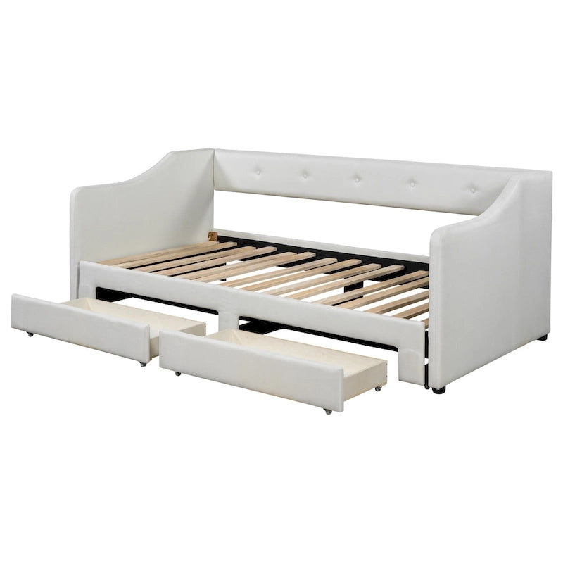 Lit de repos convertible double XL en grand format avec tiroirs de rangement et revêtement capitonné