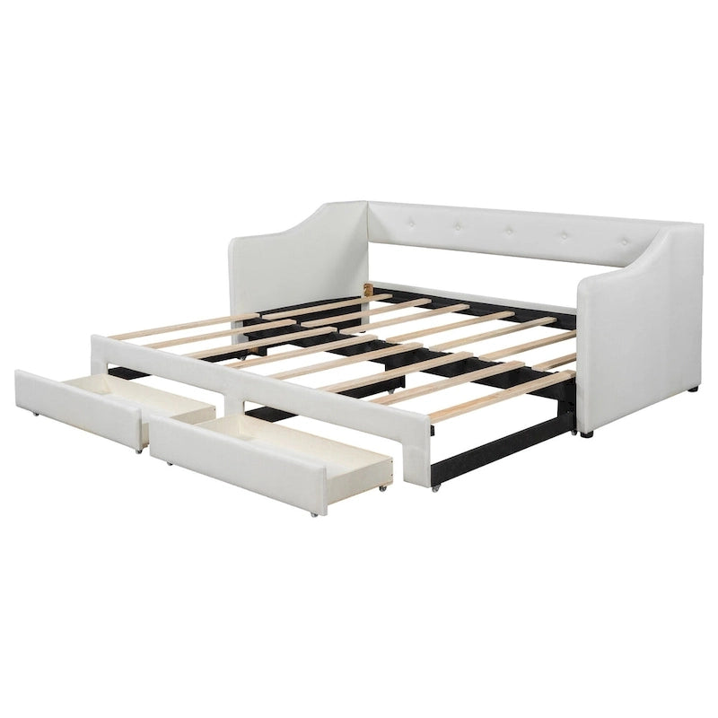 Lit de repos convertible double XL en grand format avec tiroirs de rangement et revêtement capitonné