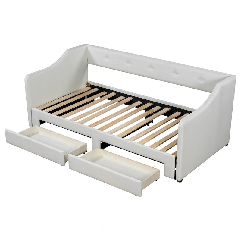 Lit de repos convertible double XL en grand format avec tiroirs de rangement et revêtement capitonné