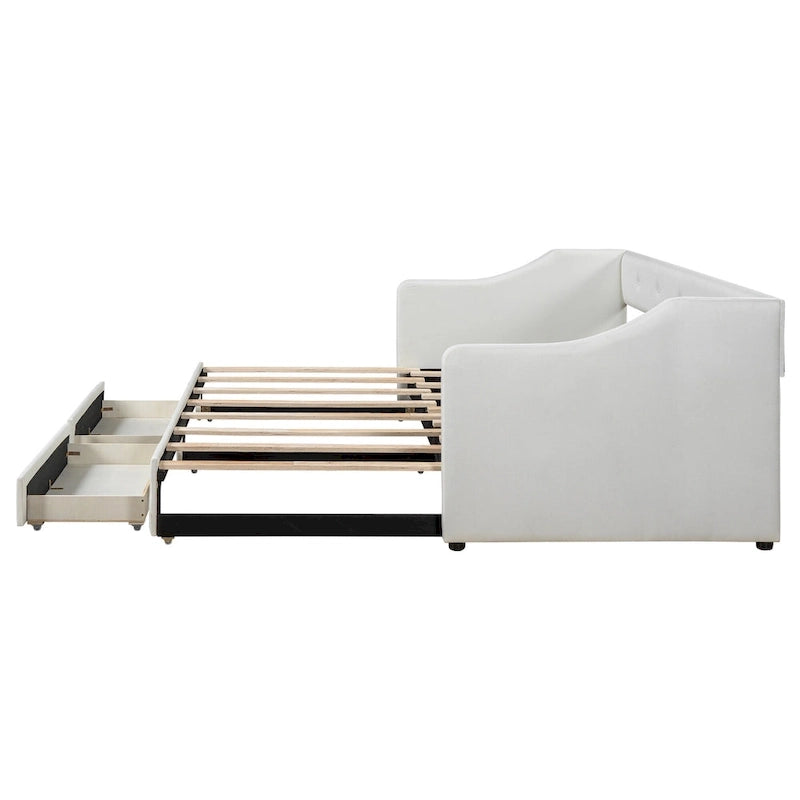 Lit de repos convertible double XL en grand format avec tiroirs de rangement et revêtement capitonné