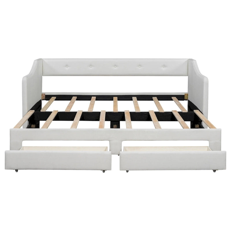 Lit de repos convertible double XL en grand format avec tiroirs de rangement et revêtement capitonné