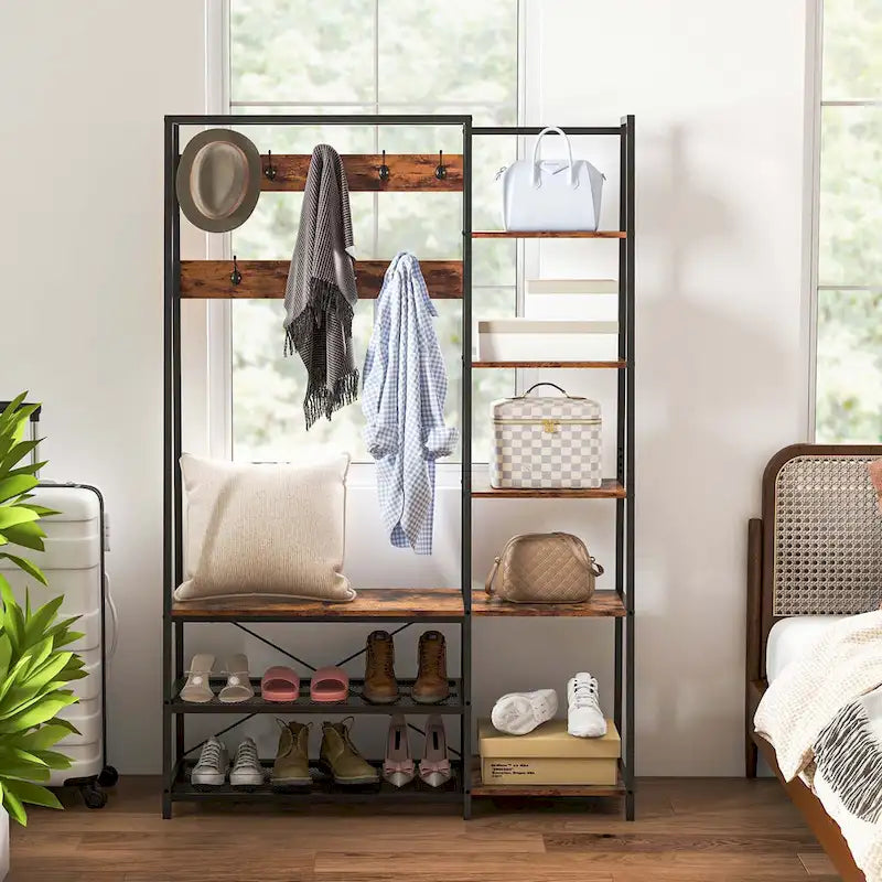 Porte-manteau 5-en-1 avec crochets, banc à chaussures et étagères de rangement