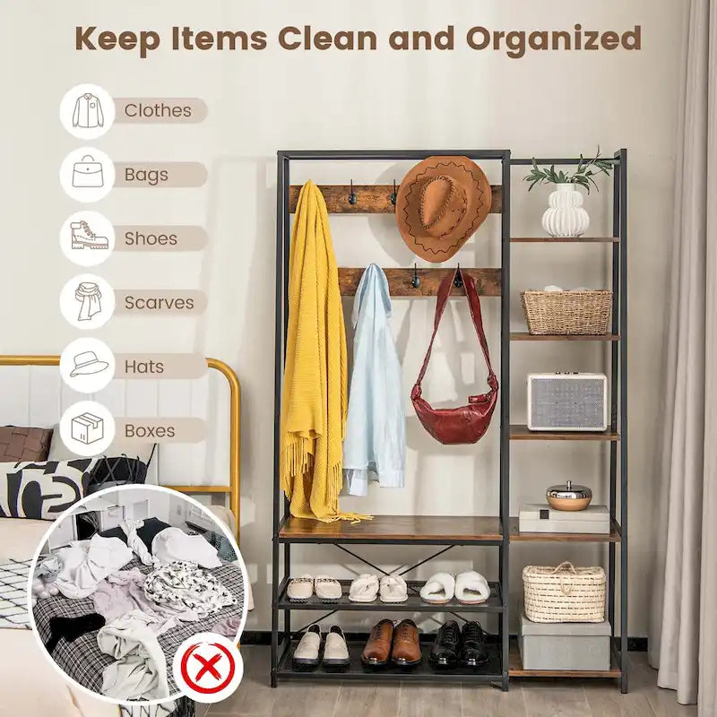 Porte-manteau 5-en-1 avec crochets, banc à chaussures et étagères de rangement