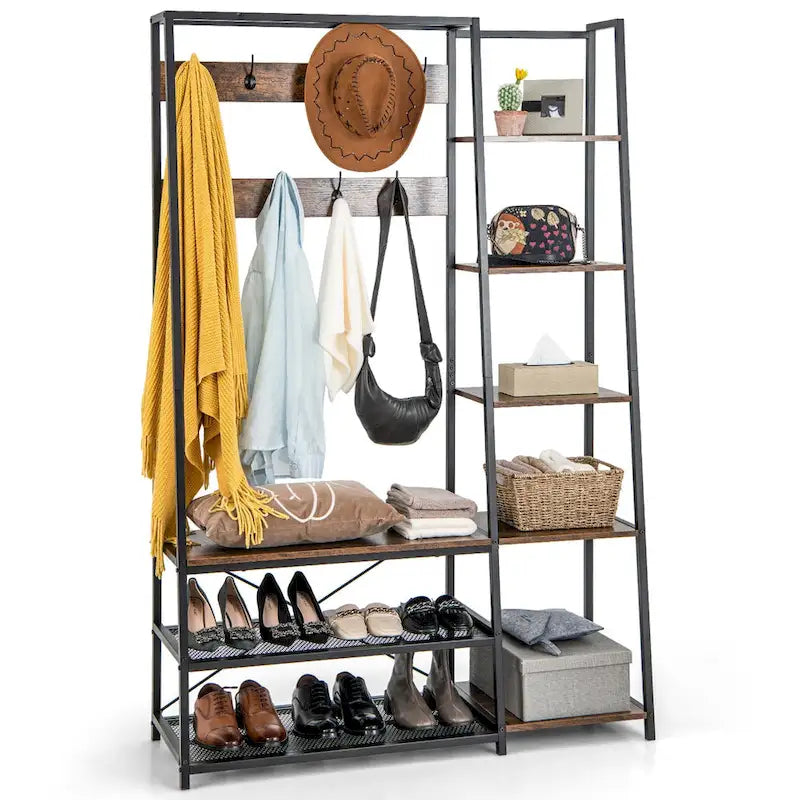 Porte-manteau 5-en-1 avec crochets, banc à chaussures et étagères de rangement