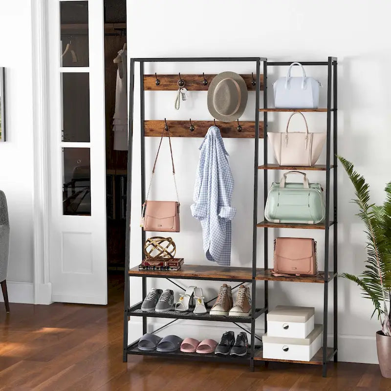 Porte-manteau 5-en-1 avec crochets, banc à chaussures et étagères de rangement