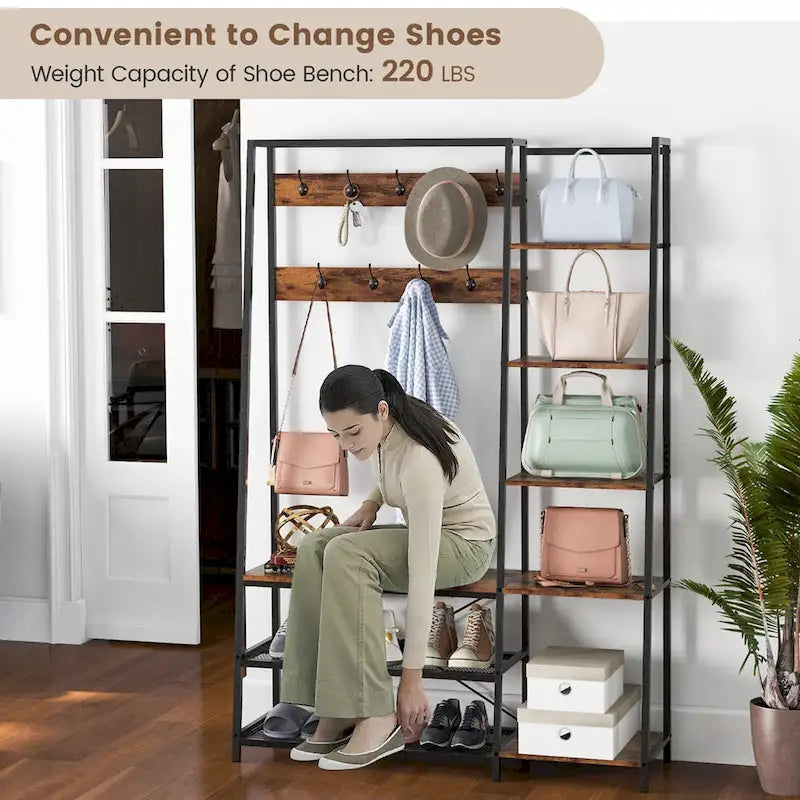 Porte-manteau 5-en-1 avec crochets, banc à chaussures et étagères de rangement