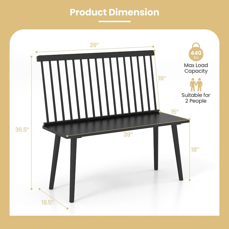 Banc 2 places en bois massif de style Windsor avec dossier amovible à barreaux, pour entrée, salle à manger et salon