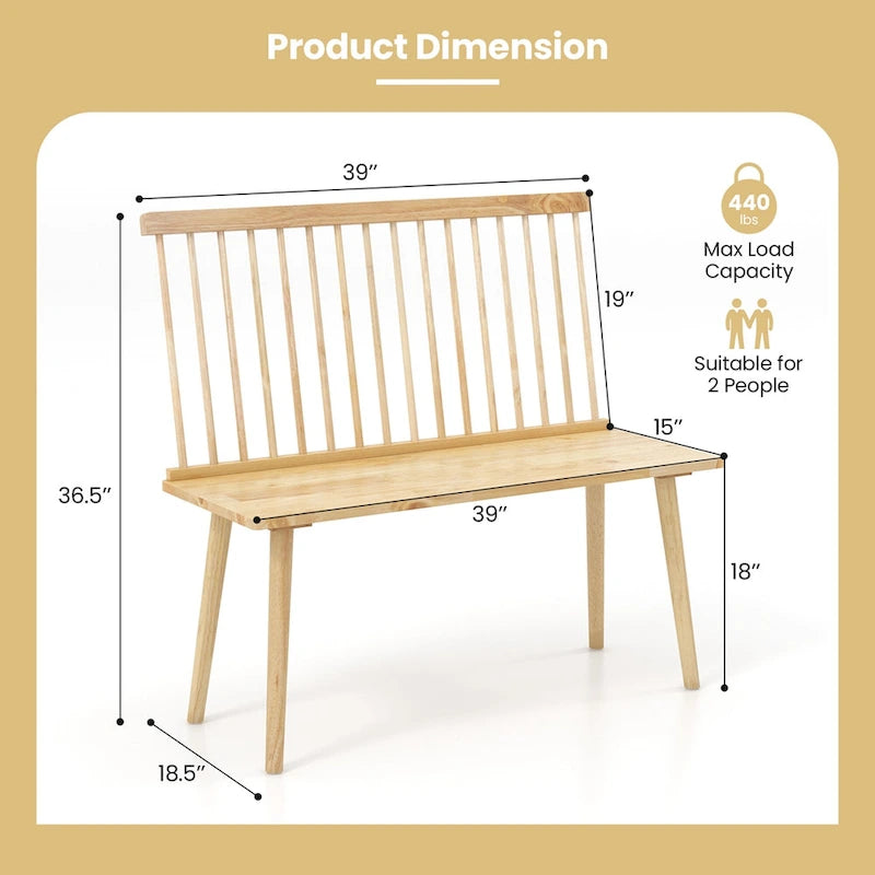 Banc 2 places en bois massif de style Windsor avec dossier amovible à barreaux, pour entrée, salle à manger et salon