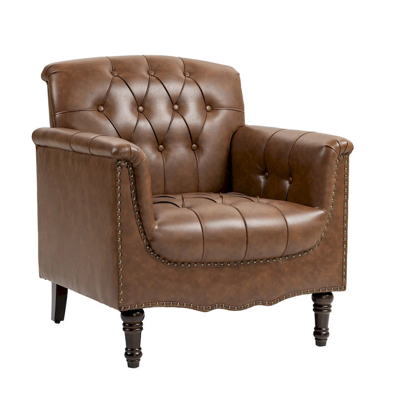 Fauteuil club en similicuir capitonné avec clous décoratifs et pieds tournés en bois