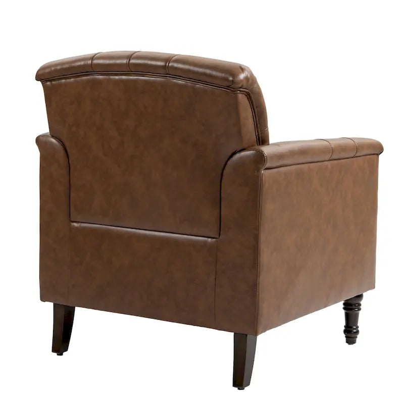 Fauteuil club en similicuir capitonné avec clous décoratifs et pieds tournés en bois