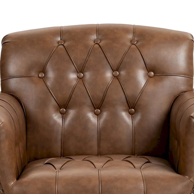 Fauteuil club en similicuir capitonné avec clous décoratifs et pieds tournés en bois