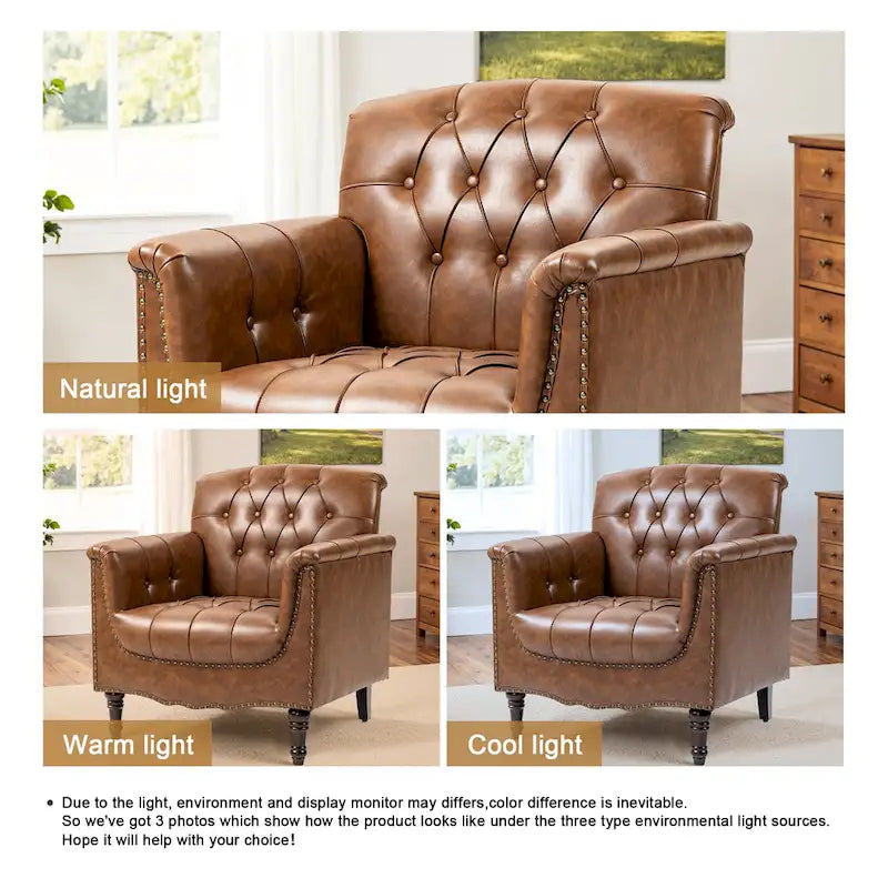 Fauteuil club en similicuir capitonné avec clous décoratifs et pieds tournés en bois