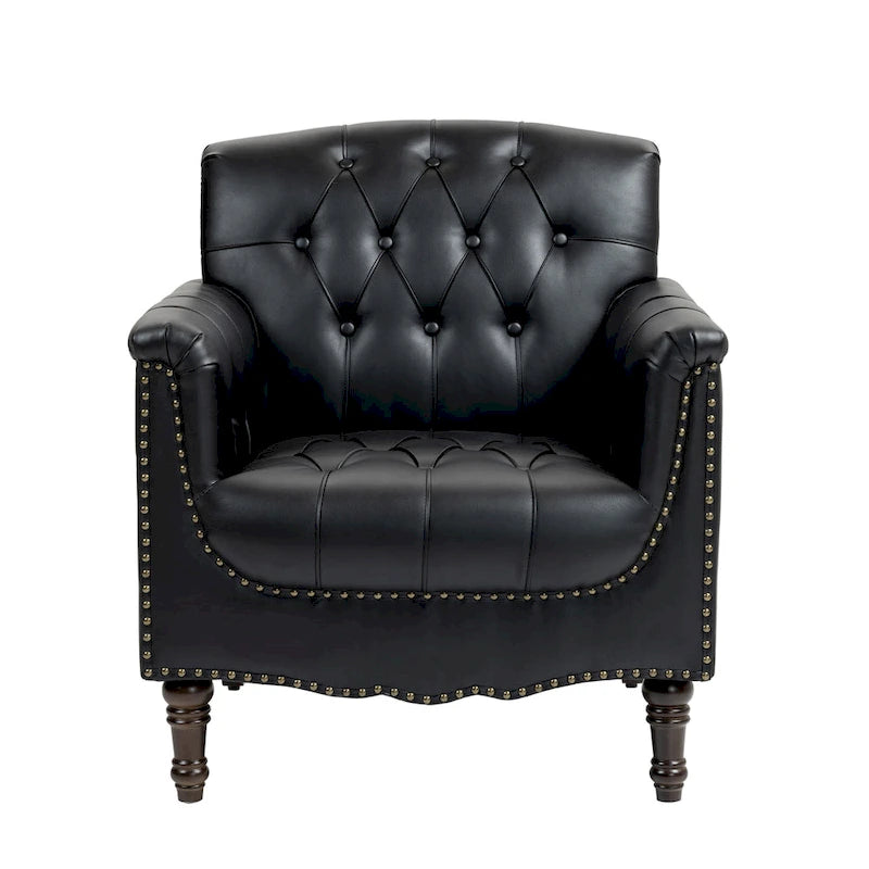 Fauteuil club en similicuir capitonné avec clous décoratifs et pieds tournés en bois