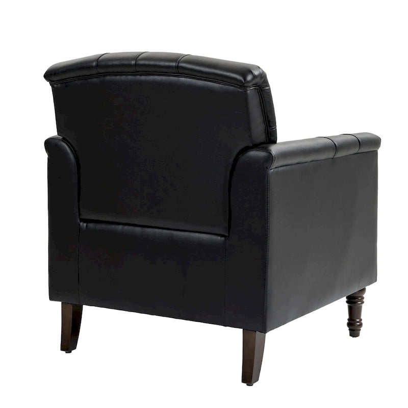 Fauteuil club en similicuir capitonné avec clous décoratifs et pieds tournés en bois