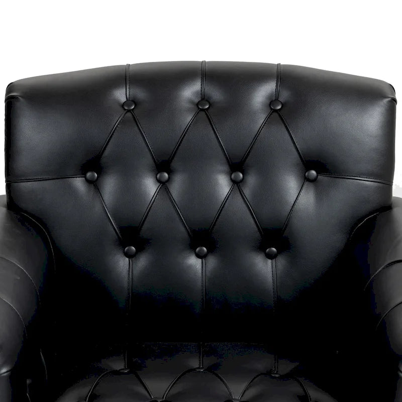 Fauteuil club en similicuir capitonné avec clous décoratifs et pieds tournés en bois