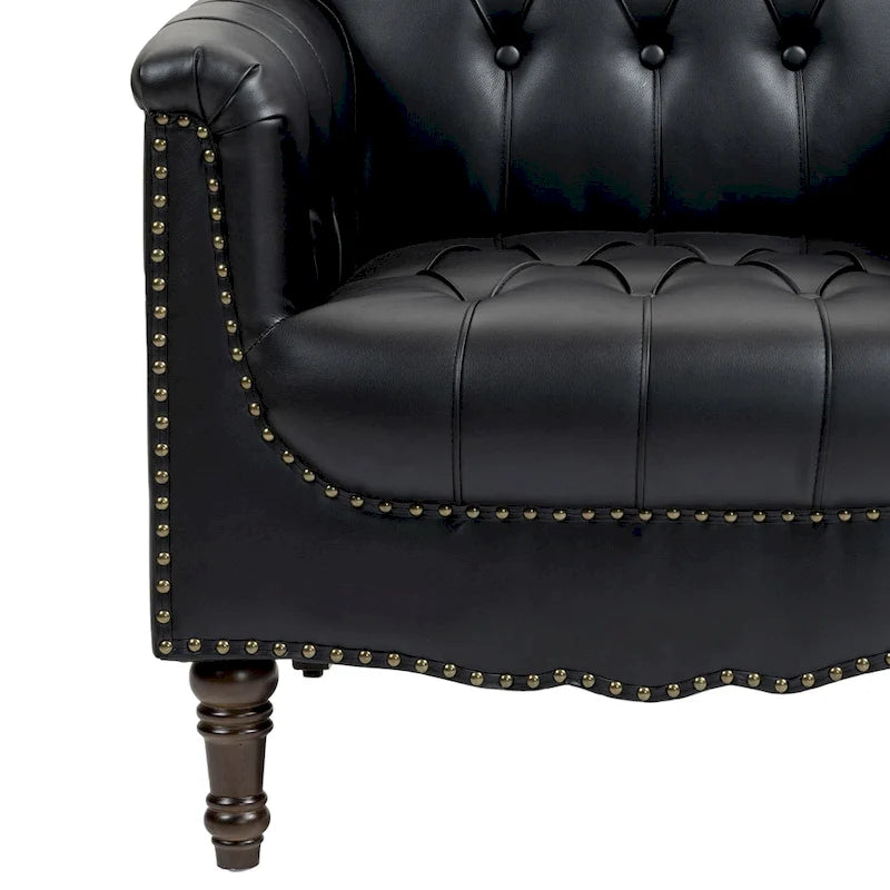 Fauteuil club en similicuir capitonné avec clous décoratifs et pieds tournés en bois