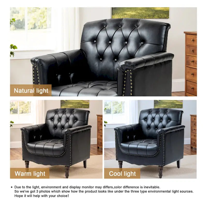 Fauteuil club en similicuir capitonné avec clous décoratifs et pieds tournés en bois