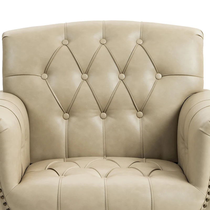 Fauteuil club en similicuir capitonné avec clous décoratifs et pieds tournés en bois