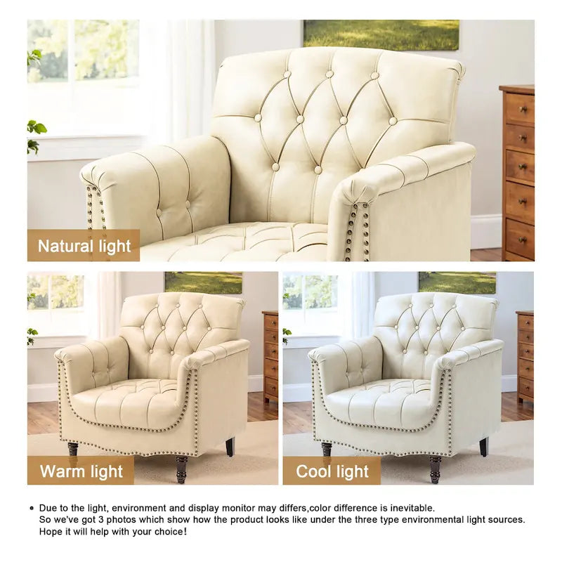 Fauteuil club en similicuir capitonné avec clous décoratifs et pieds tournés en bois
