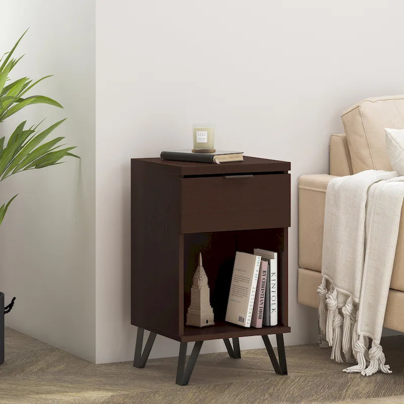 Table de chevet haute avec tiroir et étagère ouverte, finition noyer et pieds noirs mats