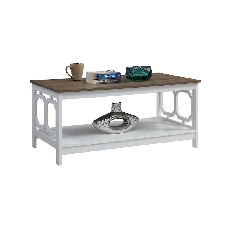 Table basse à 2 plateaux avec côtés ajourés géométriques et étagère inférieure