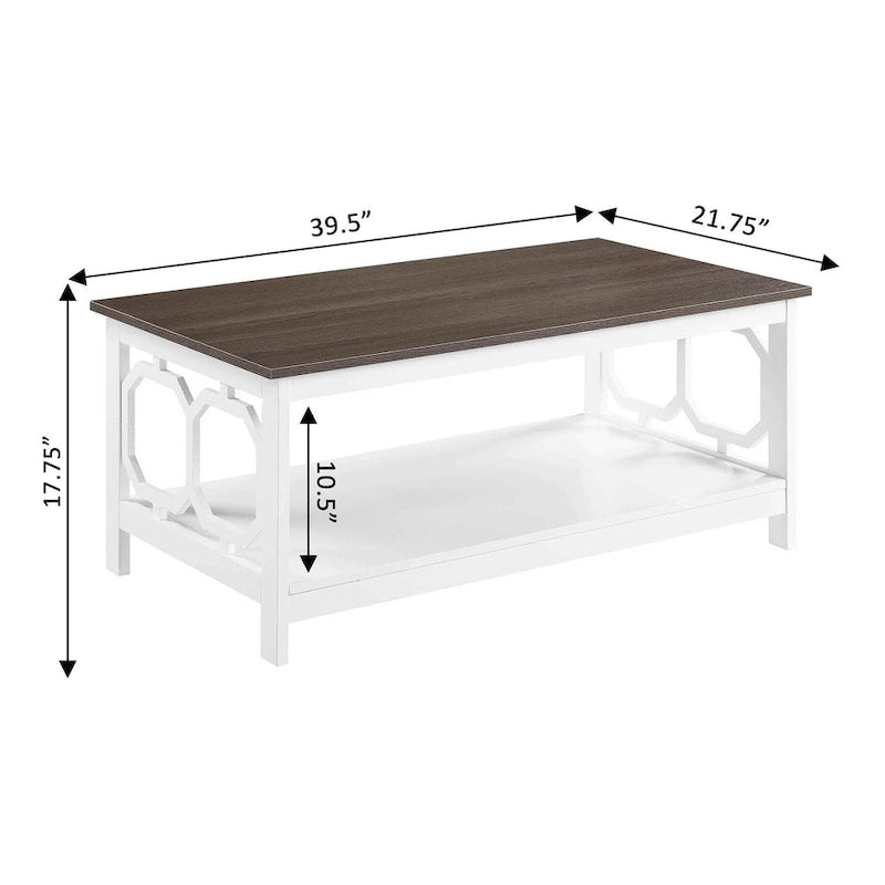 Table basse à 2 plateaux avec côtés ajourés géométriques et étagère inférieure