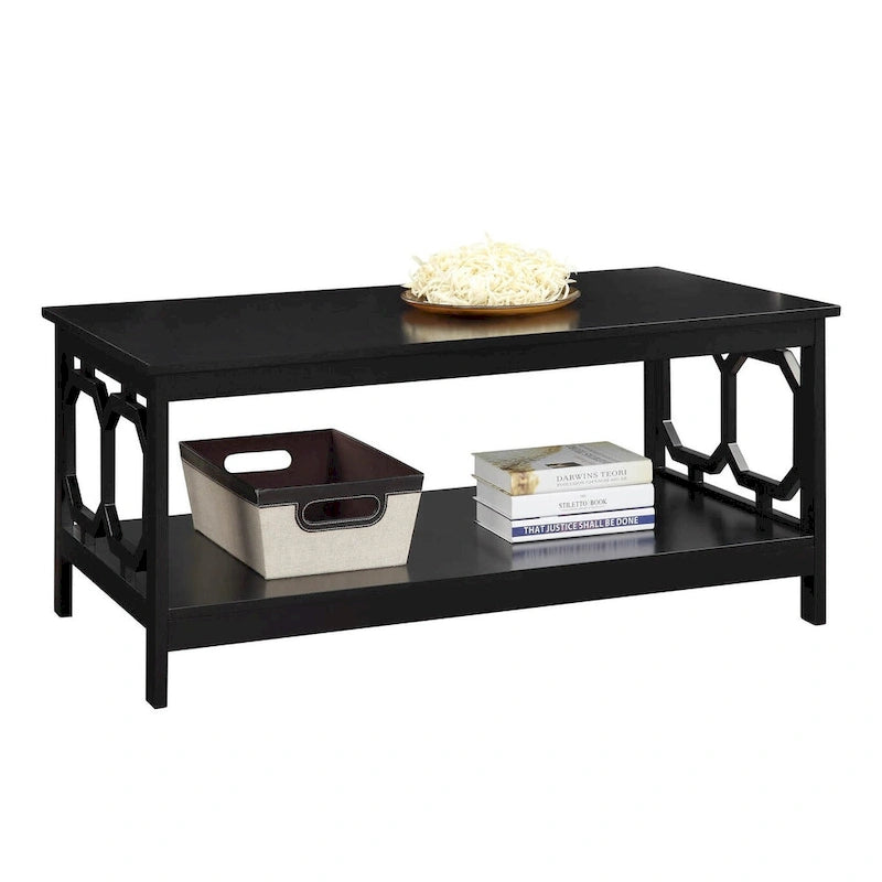 Table basse à 2 plateaux avec côtés ajourés géométriques et étagère inférieure