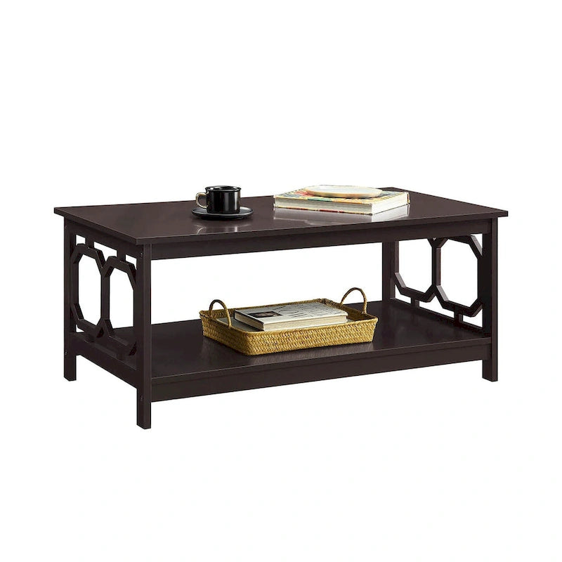 Table basse à 2 plateaux avec côtés ajourés géométriques et étagère inférieure